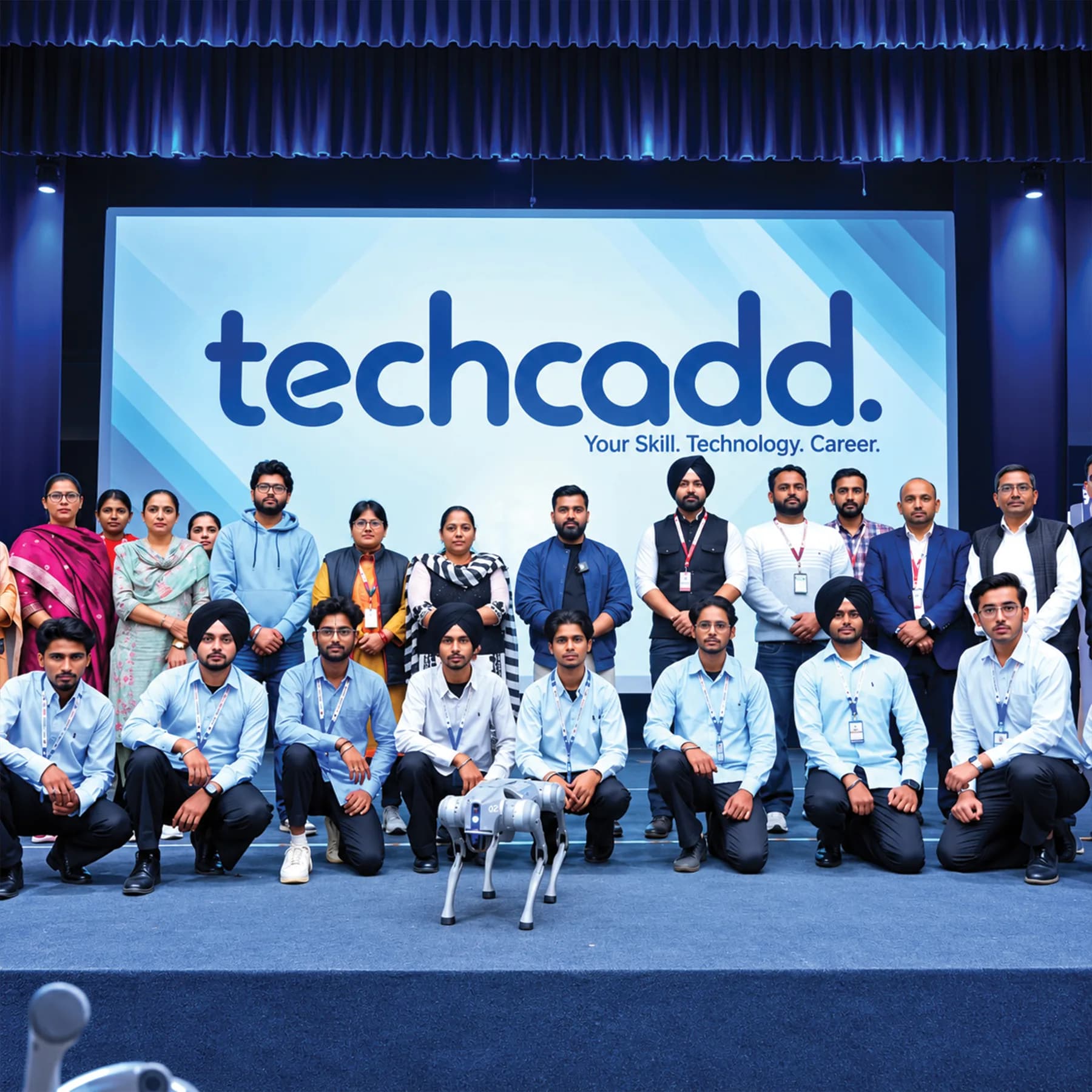 The techcadd team and students on stage with a quadruped robot