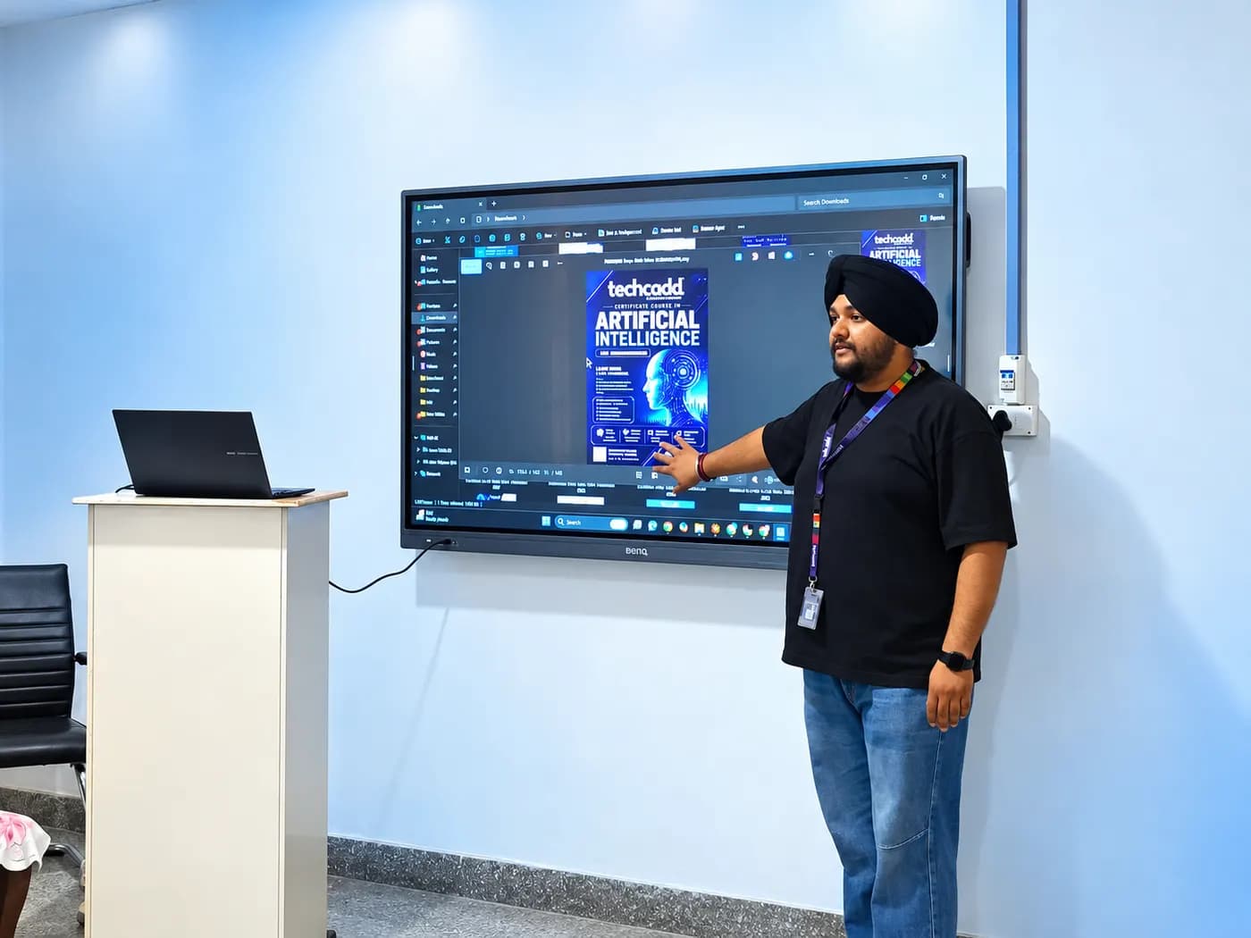 A trainer presenting a course session on screen