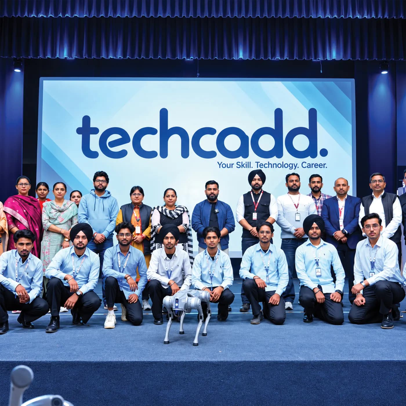 The techcadd team and students on stage
