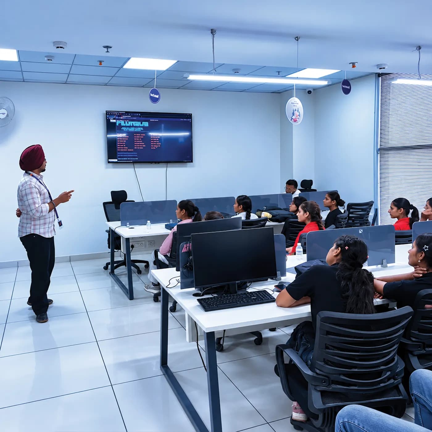 A trainer explaining code on screen to the class