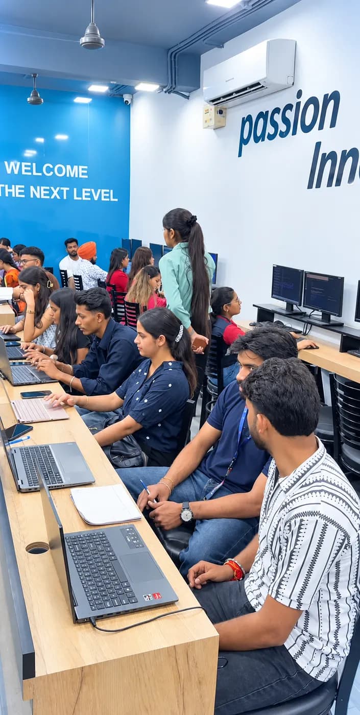 Students in the lab under the Welcome to the Next Level wall